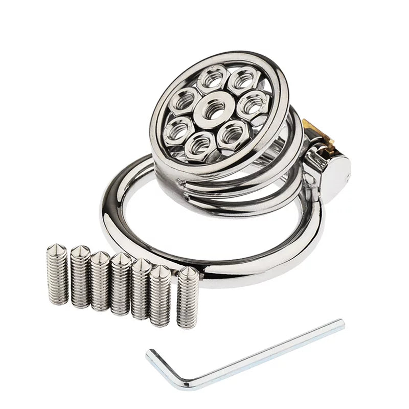 MELA spiked flat chastity cage dimensions and removable spike size
