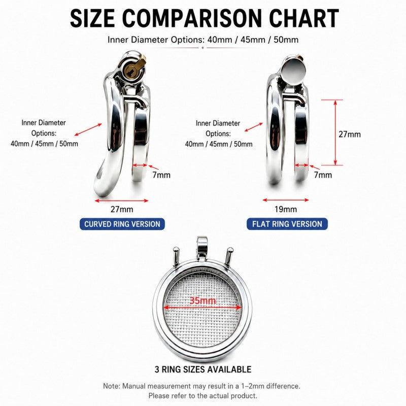 Mesh-front chastity cage size chart for curved and round rings