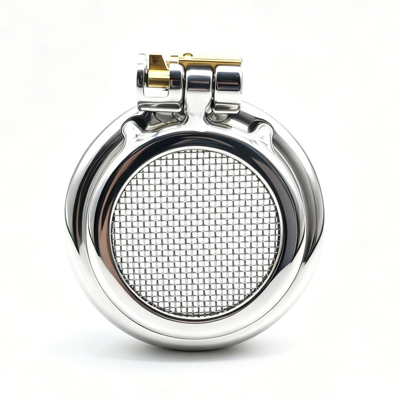 Mesh-front stainless steel chastity cage front view