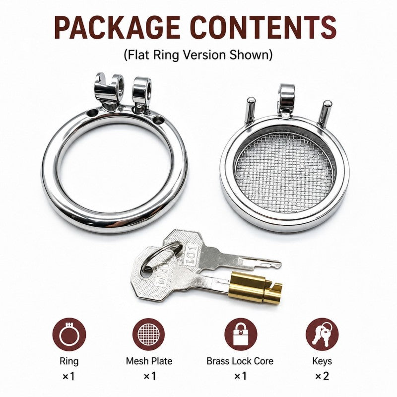 Mesh-front stainless steel chastity cage package contents