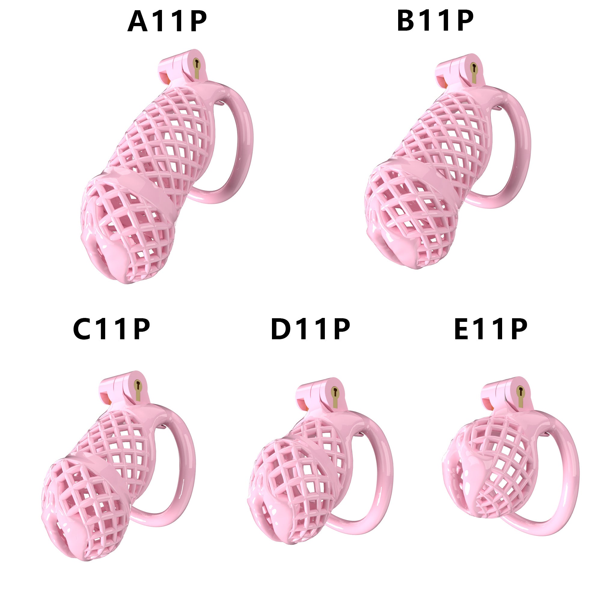 Five mesh resin chastity cage length profiles A11 to E11