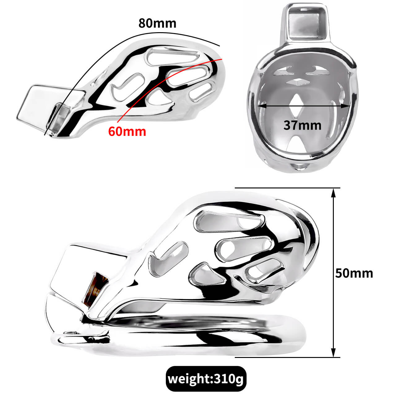 Stainless steel Cobra cage size diagram showing 60 mm internal length, an 80 mm upper curved measurement, a 37 mm rear opening and 50 mm assembled height
