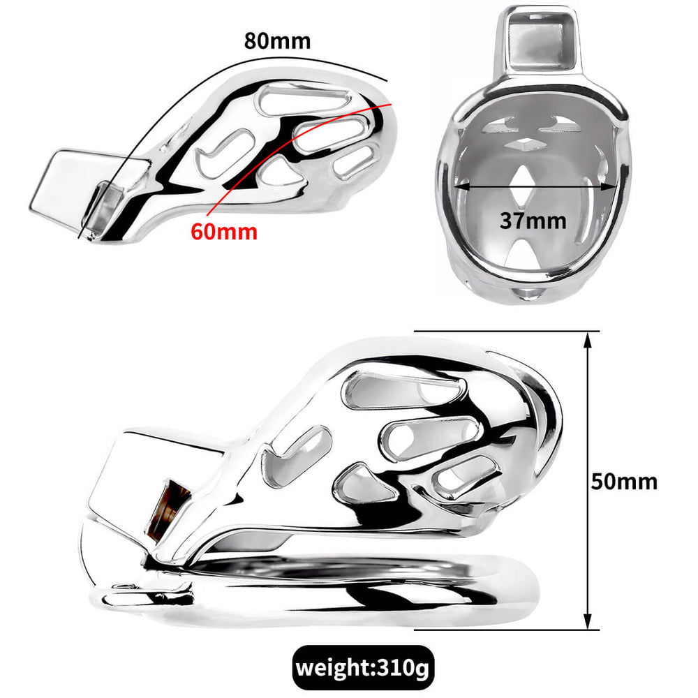Stainless steel Cobra cage size diagram showing 60 mm internal length, an 80 mm upper curved measurement, a 37 mm rear opening and 50 mm assembled height
