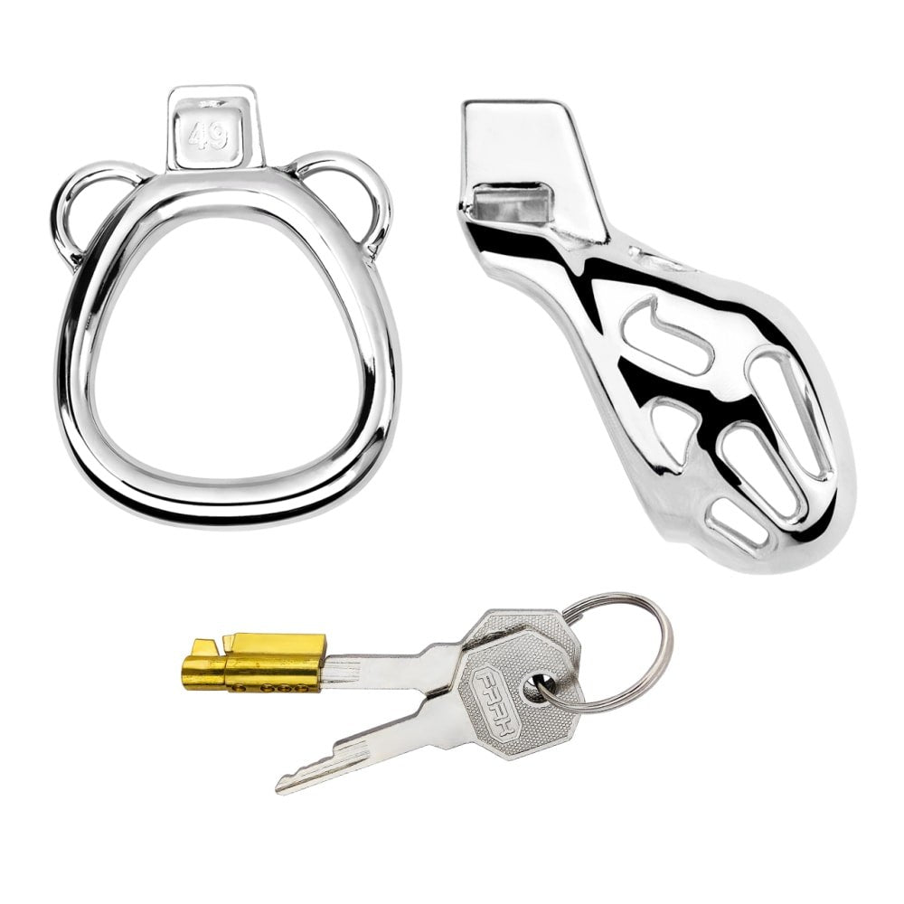 Disassembled stainless steel Cobra cage with a 49 mm base ring, lock core and two keys
