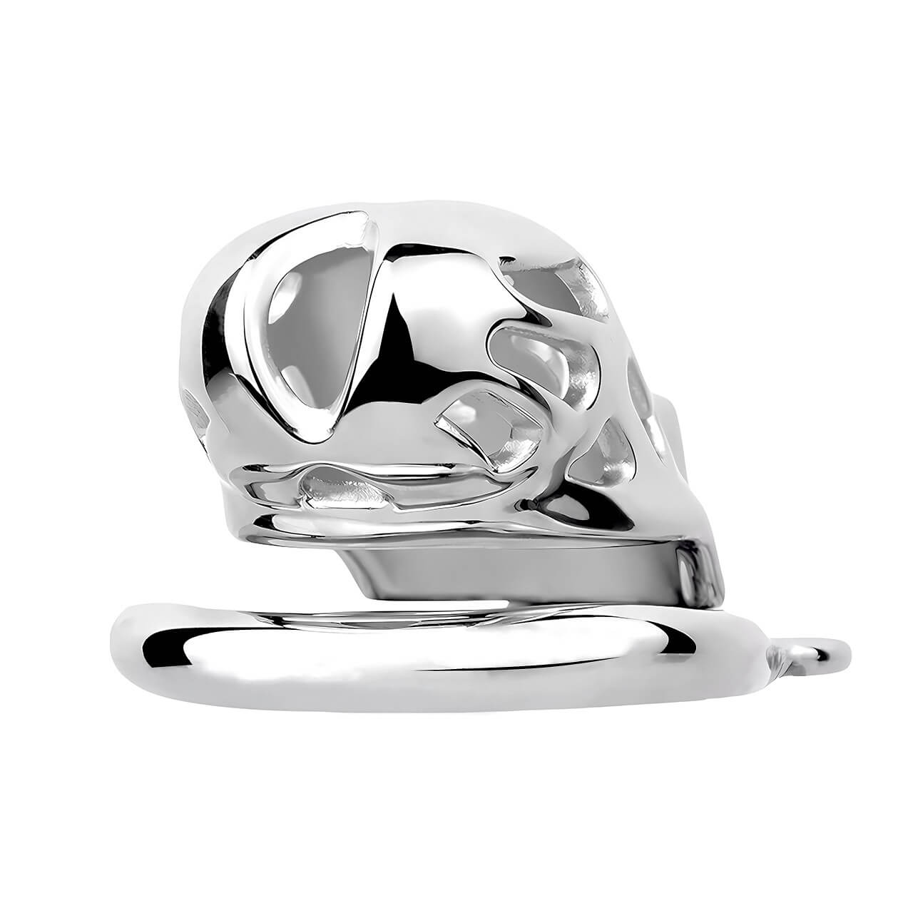 Low side view of the stainless steel Cobra cage showing its vented body and base ring
