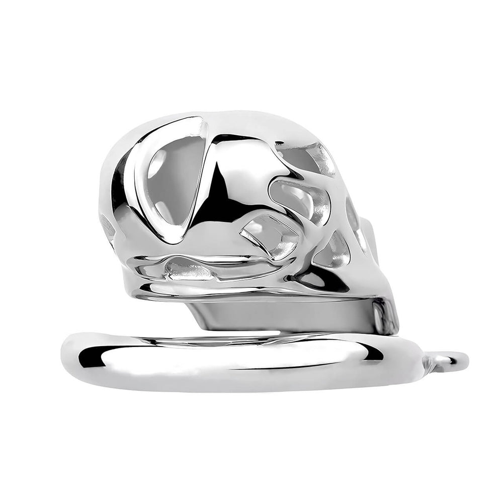 Low side view of the stainless steel Cobra cage showing its vented body and base ring
