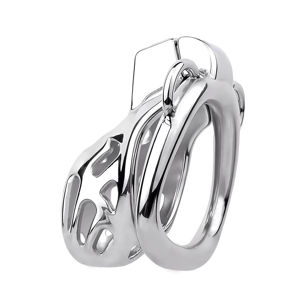 Rear angled view of the stainless steel Cobra cage showing the base ring and belt attachment loops
