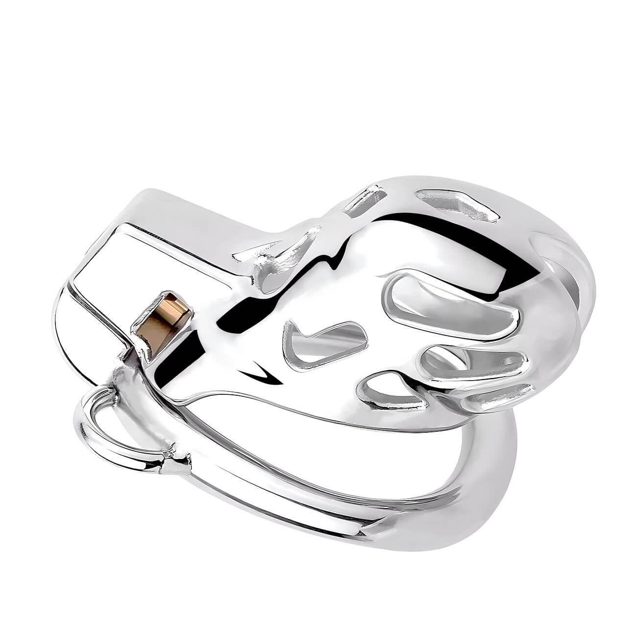 Angled top view of the stainless steel Cobra chastity cage showing its open cutouts and polished finish
