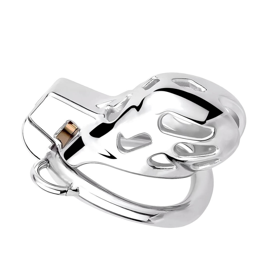 Angled top view of the stainless steel Cobra chastity cage showing its open cutouts and polished finish
