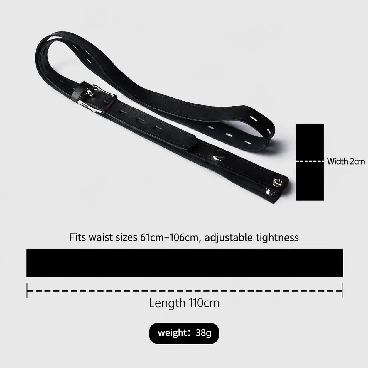 Black adjustable Cobra support belt with 110 cm length, 2 cm width and a 61–106 cm waist fit
