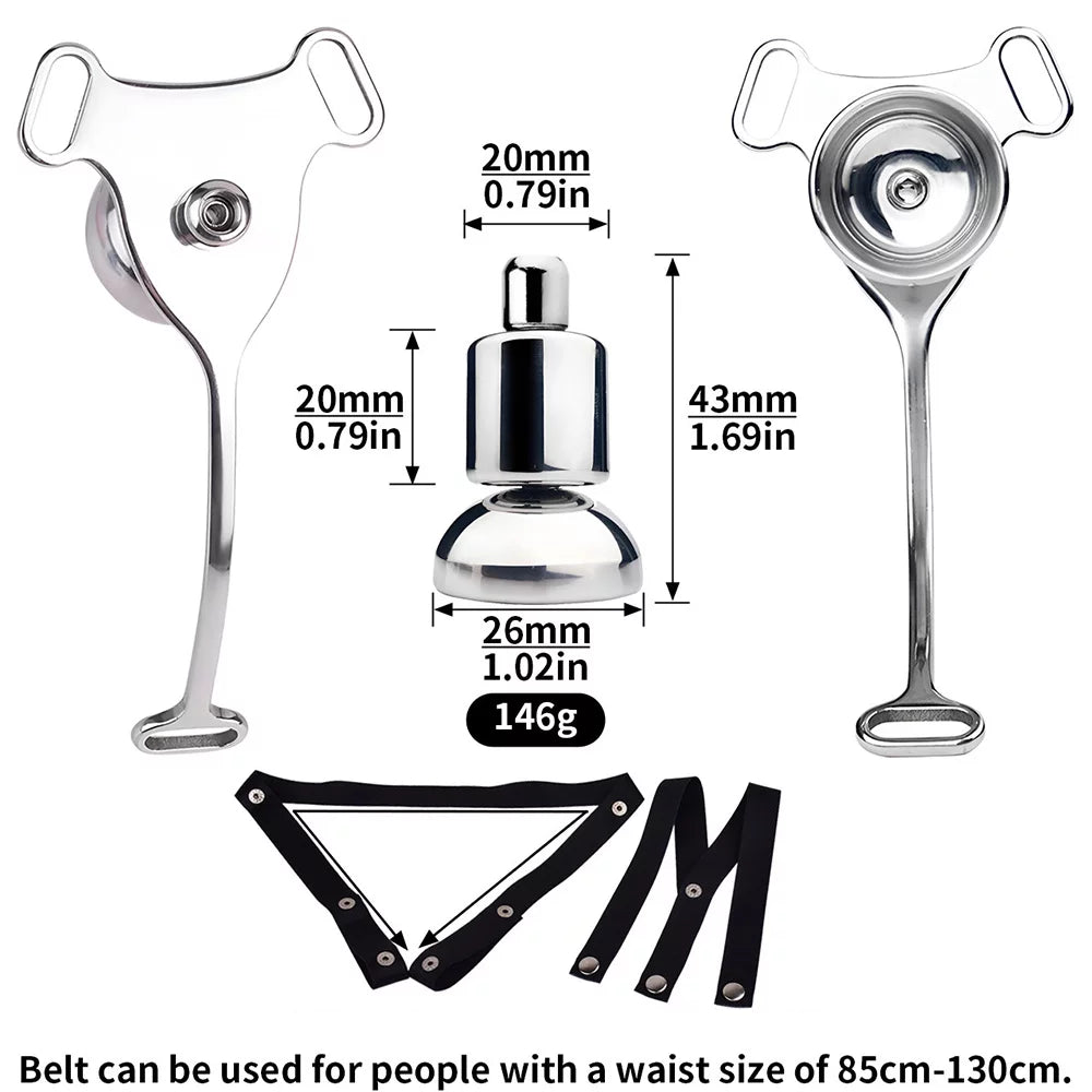 Polished metal inverted chastity cage with black belt