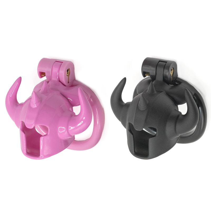 Front angle of pink and black Minotaur resin cages