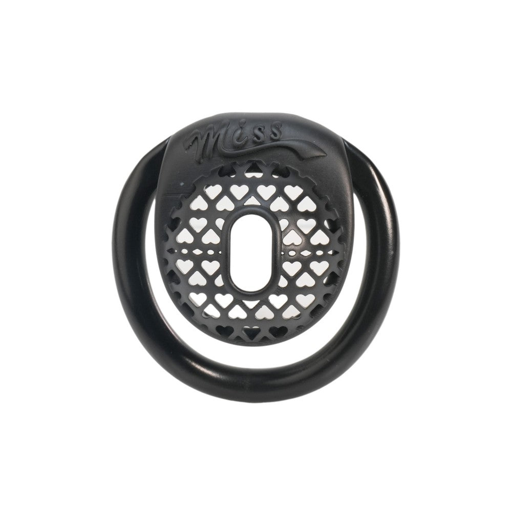 Front view of black MISS heart lattice cage