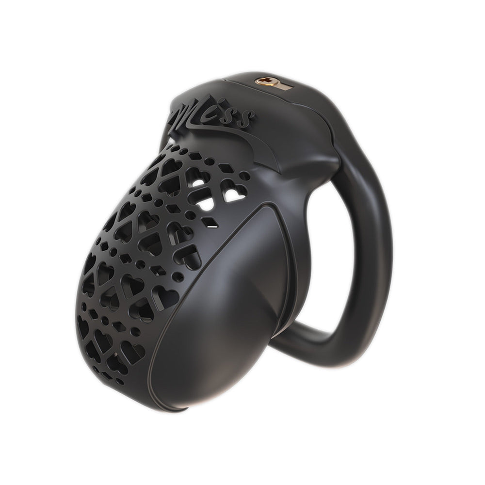 Angled view of black MISS heart-pattern resin cage