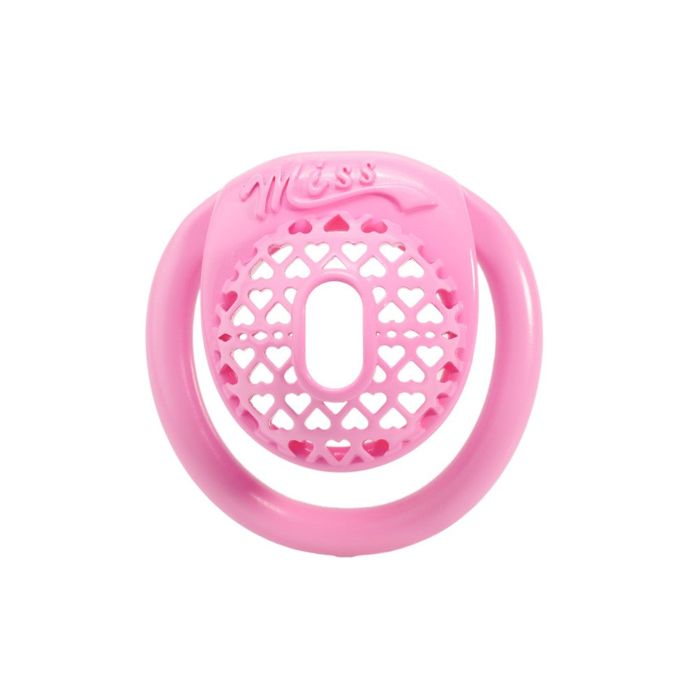 Front view of pink MISS heart lattice cage