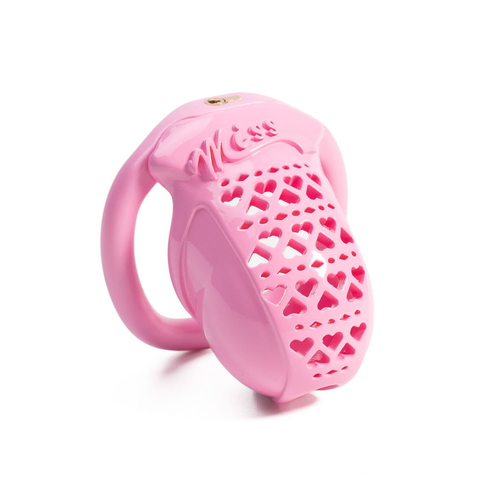 Angled view of pink MISS heart-pattern resin cage