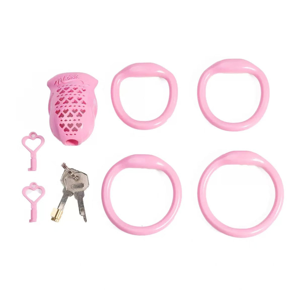 Pink MISS cage set with four rings, lock and keys