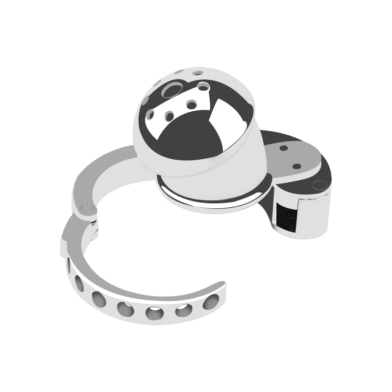 Mushroom-head chastity cage with adjustable hinged base ring open