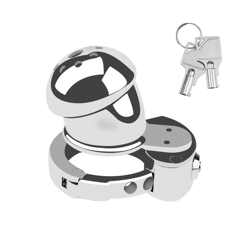 Side profile of enclosed mushroom-head metal chastity cage