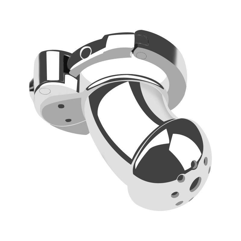 Underside view of curved mushroom-head metal chastity cage