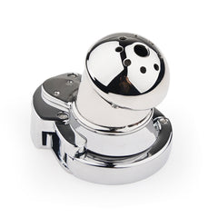 Angled view of enclosed mushroom-head metal chastity cage