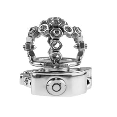 Front lock view of nut-lock adjustable chastity cage ZC-074