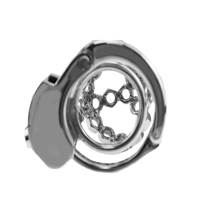 Angled view of ZC-074 nut-lock adjustable metal chastity cage