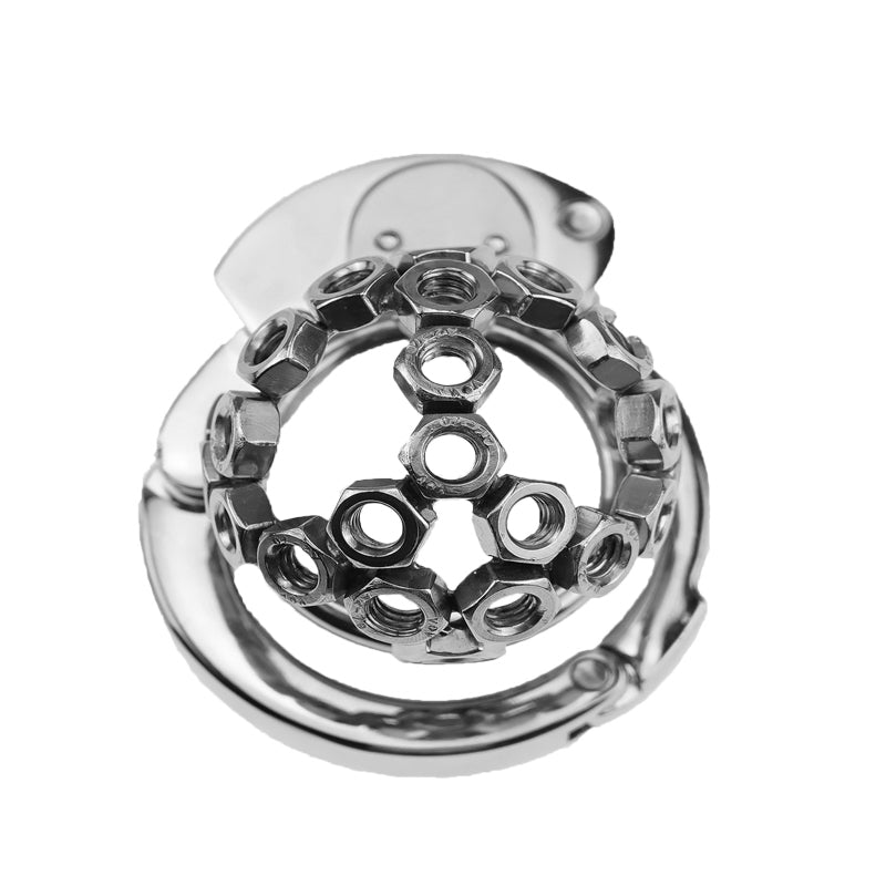 Top view of circular nut-lock chastity cage ZC-074