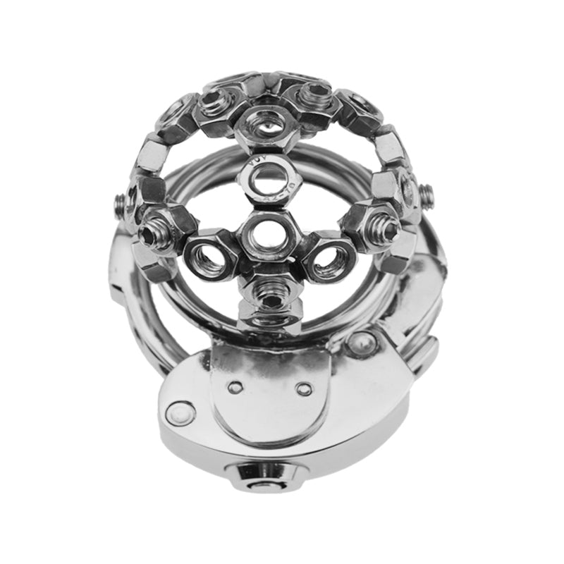 Side view of ZC-074 nut-lock metal chastity cage and integrated lock