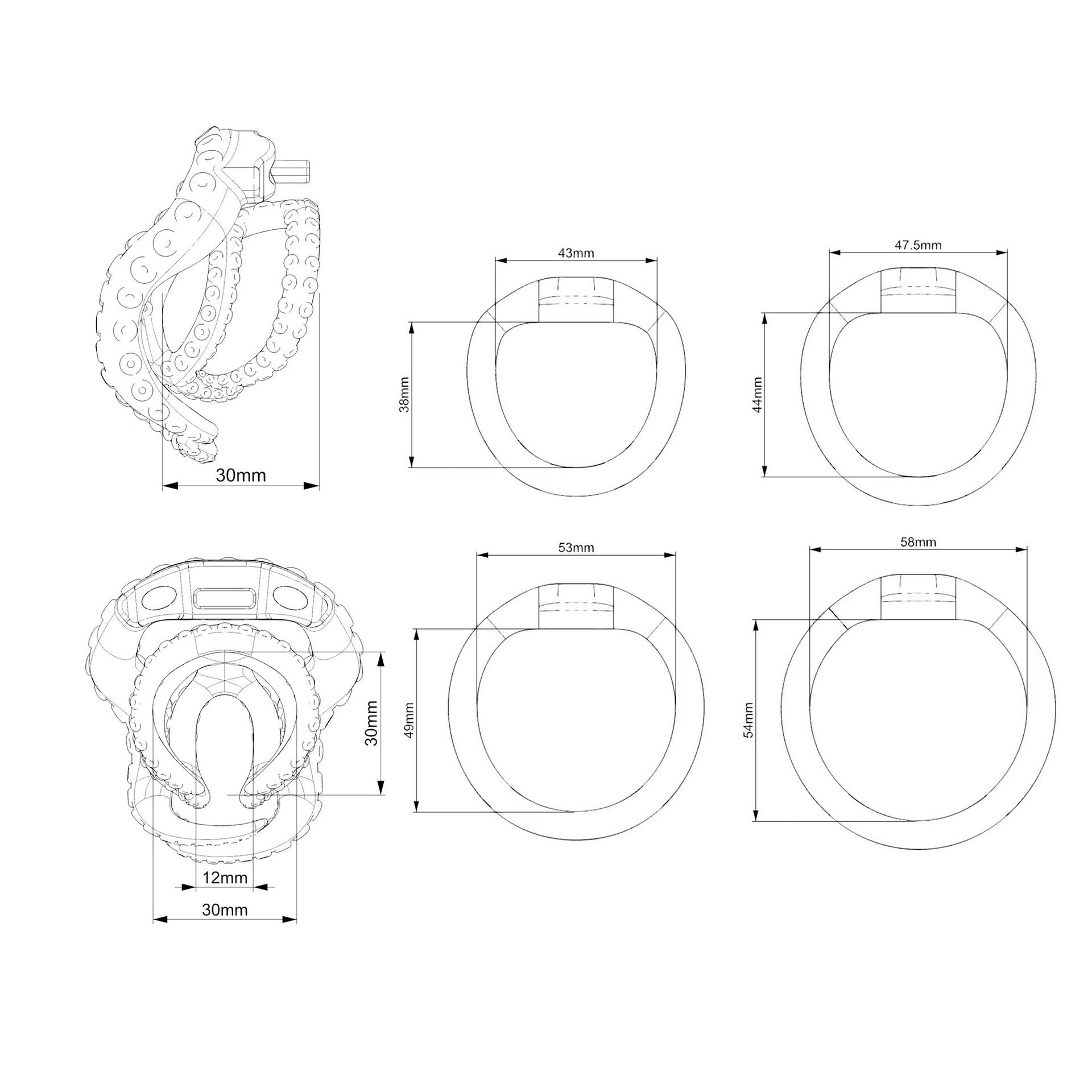 OctaCore cage and four base ring dimension diagram