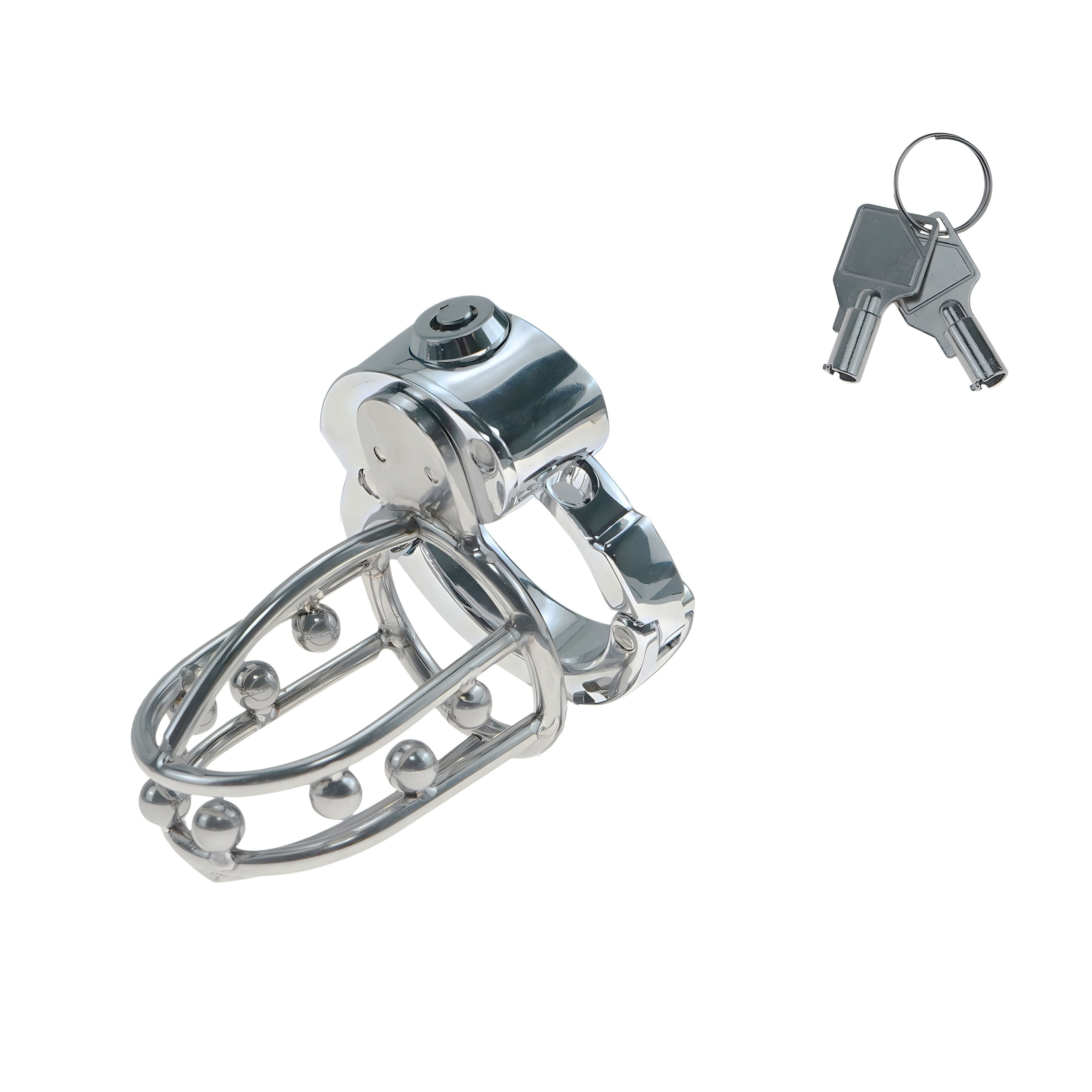 Open-frame adjustable metal chastity cage ZC-077 angled view with keys