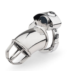 Open-tip adjustable metal chastity cage ZC-065 angled view