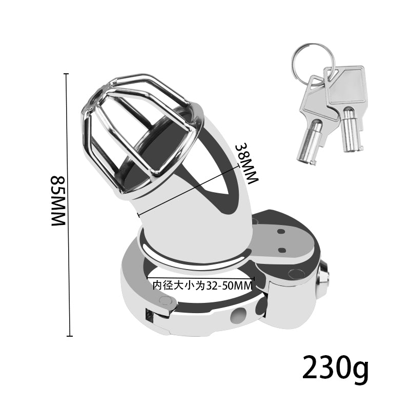 ZC-065 open-tip chastity cage showing 85mm height 38mm width and 230g weight