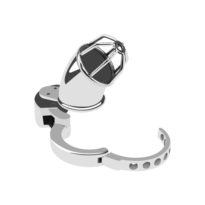 Rear view of open-tip metal chastity cage ZC-065 and hinged ring