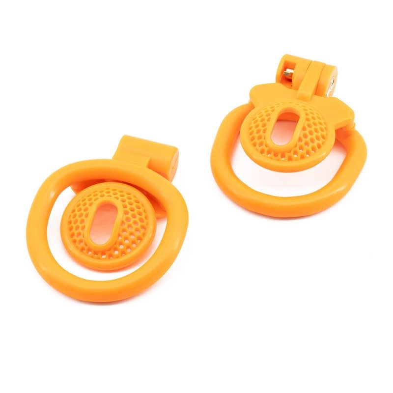 Front and rear views of orange mesh inverted cage