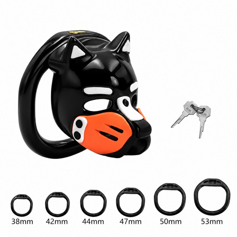 Orange-accent puppy-head chastity cage with lock and keys