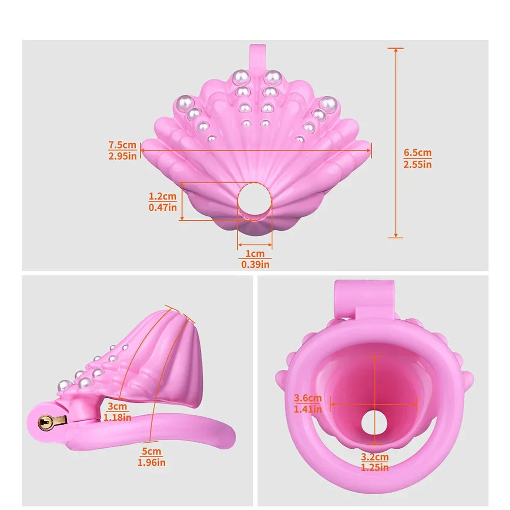 Pearl shell resin chastity cage dimensions and front opening
