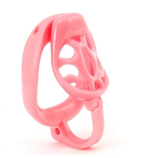 Angled view of pink adjustable ABS chastity cage