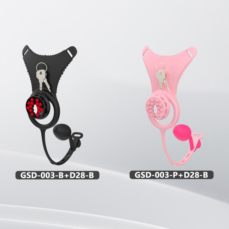Pink and black flat-head silicone chastity harness options
