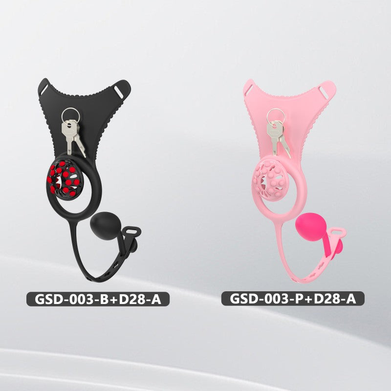 Pink and black GSD silicone chastity thong set options
