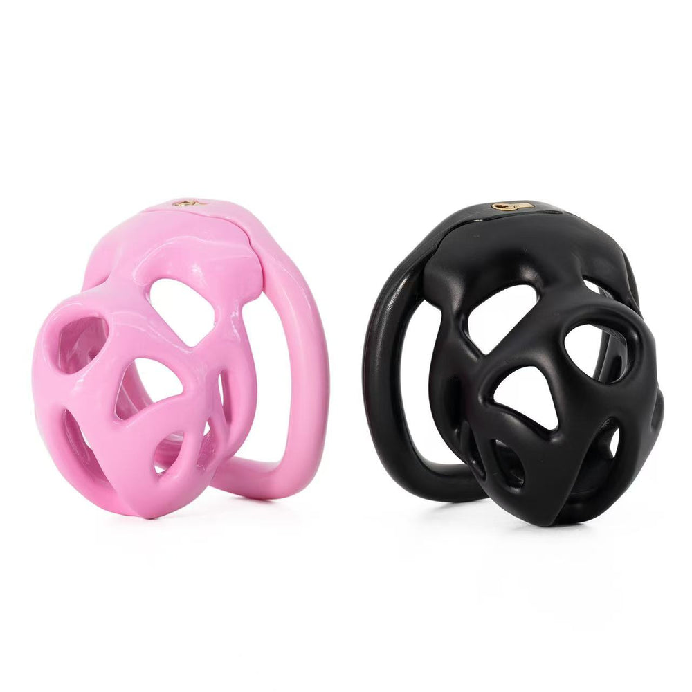 Pink and black openwork cage side views