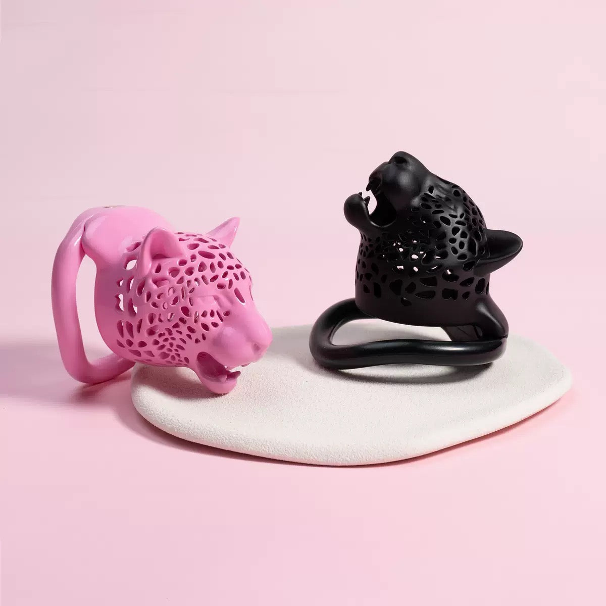Pink and black openwork Leopard Head resin chastity cages