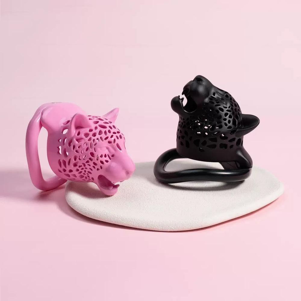 Pink and black openwork Leopard Head resin chastity cages