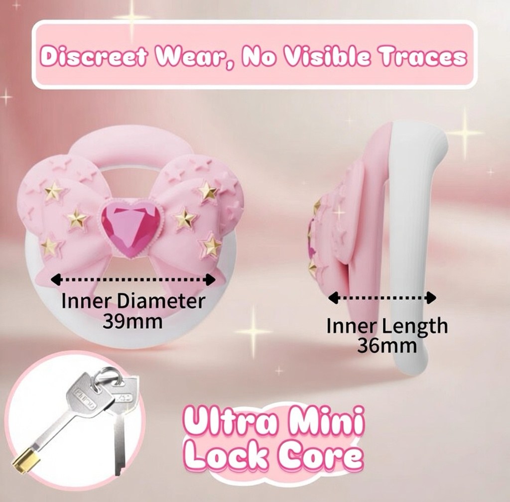Pink bow chastity cage showing 39 mm inner diameter and 36 mm inner length