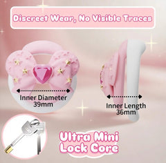 Pink bow chastity cage showing 39 mm inner diameter and 36 mm inner length