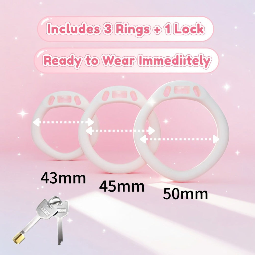 Pink bow chastity cage with 43, 45 and 50 mm base rings and mini lock