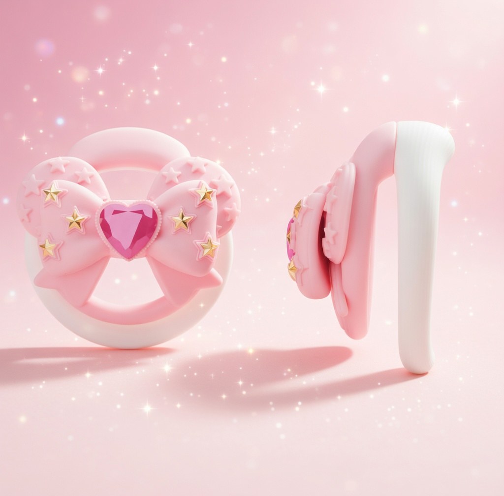 Angled view of pink bow heart-gem silicone chastity cage