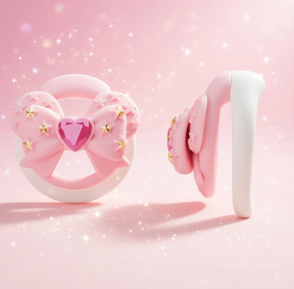 Angled view of pink bow heart-gem silicone chastity cage