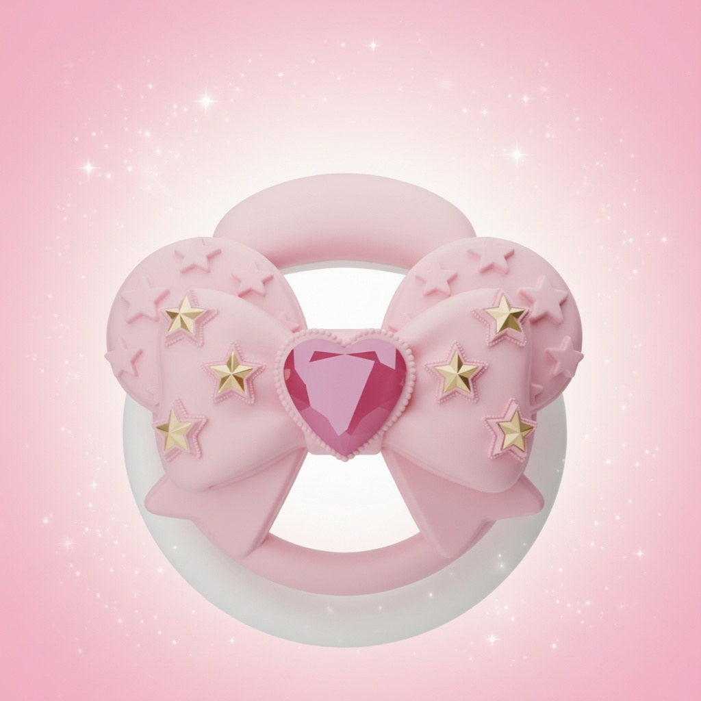 Pink bow silicone chastity cage with heart gem and gold star accents