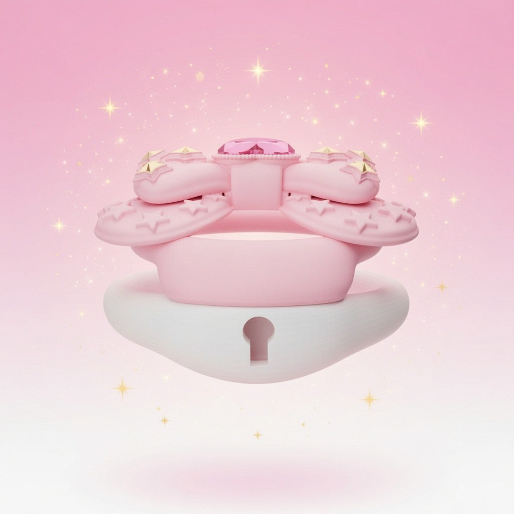 Back view of pink bow silicone chastity cage with mini lock opening